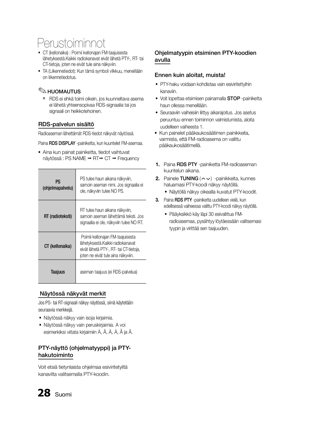 Samsung MM-E430D/XE manual RDS-palvelun sisältö, Näytössä näkyvät merkit, PTY-näyttö ohjelmatyyppi ja PTY- hakutoiminto 