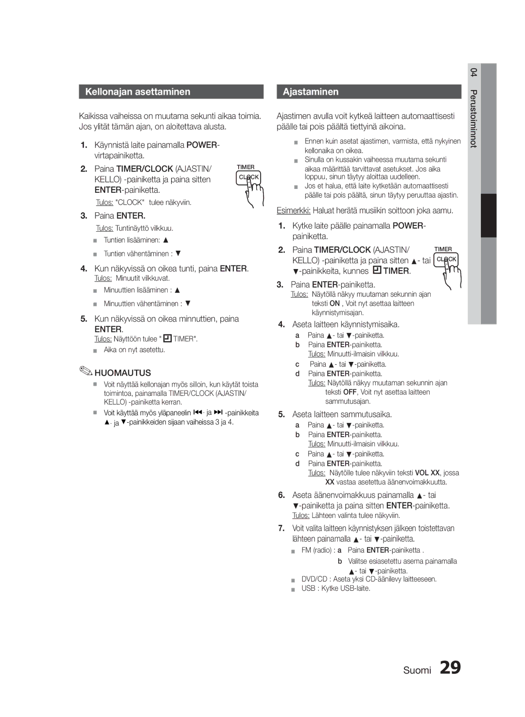 Samsung MM-E430D/XE manual Kellonajan asettaminen, Ajastaminen, Enter 