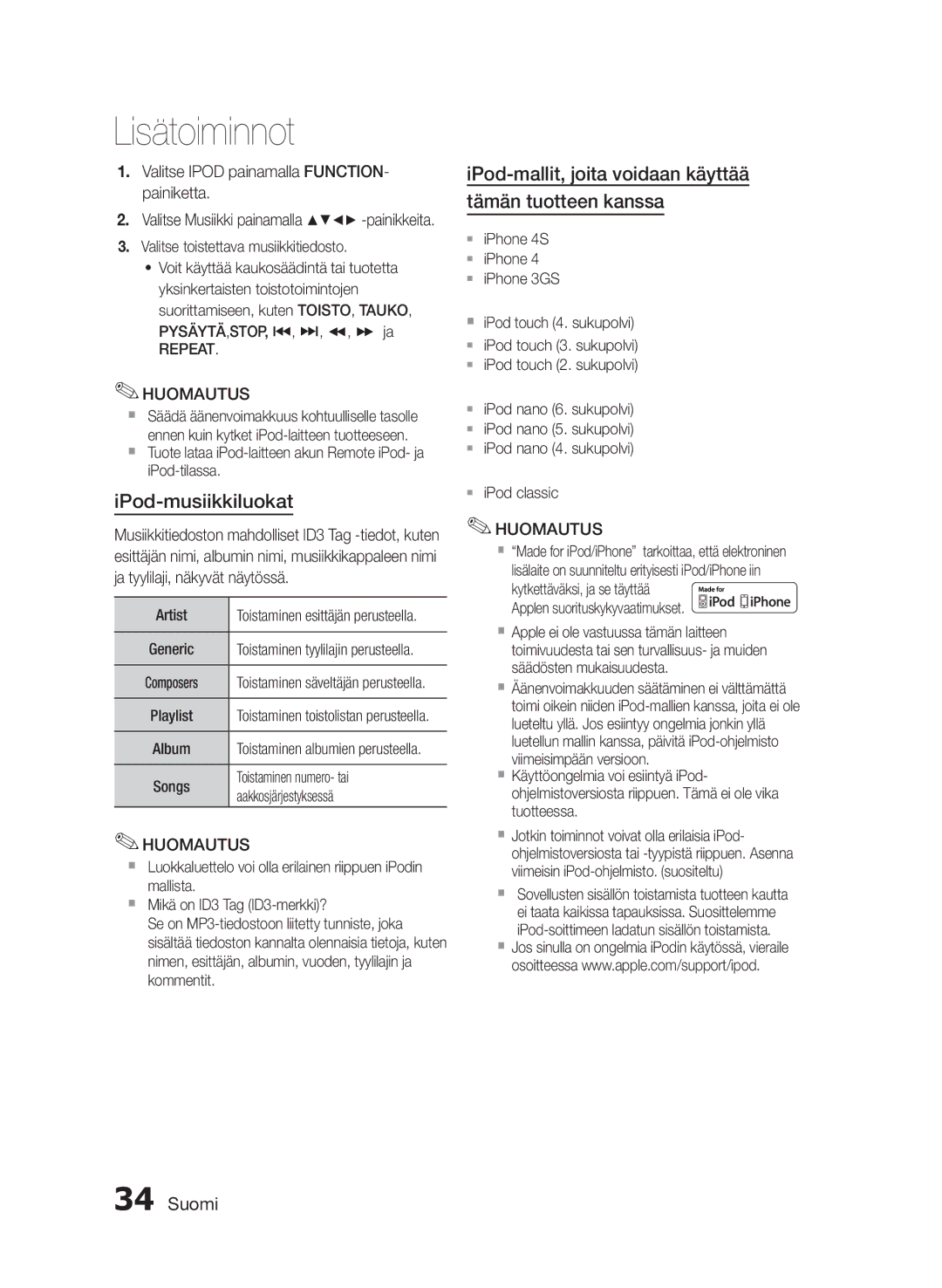 Samsung MM-E430D/XE manual Repeat Huomautus 