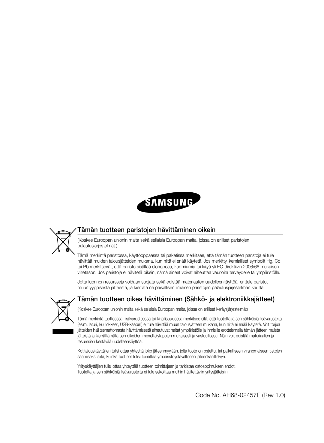 Samsung MM-E430D/XE manual Tämän tuotteen paristojen hävittäminen oikein, Code No. AH68-02457E Rev 