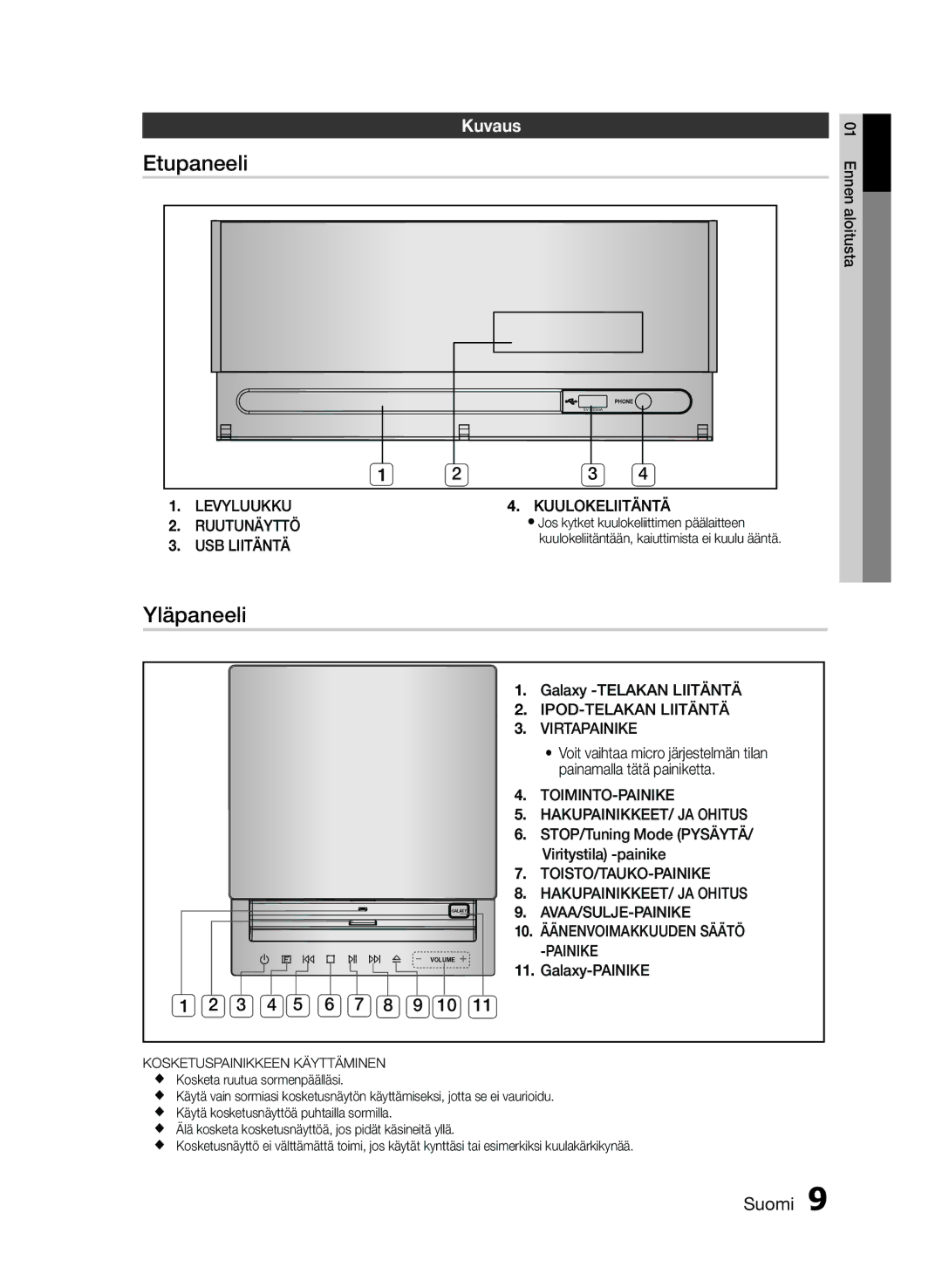 Samsung MM-E430D/XE manual Etupaneeli, Yläpaneeli, Kuvaus, 3 4 5 6 7 8 9 10 