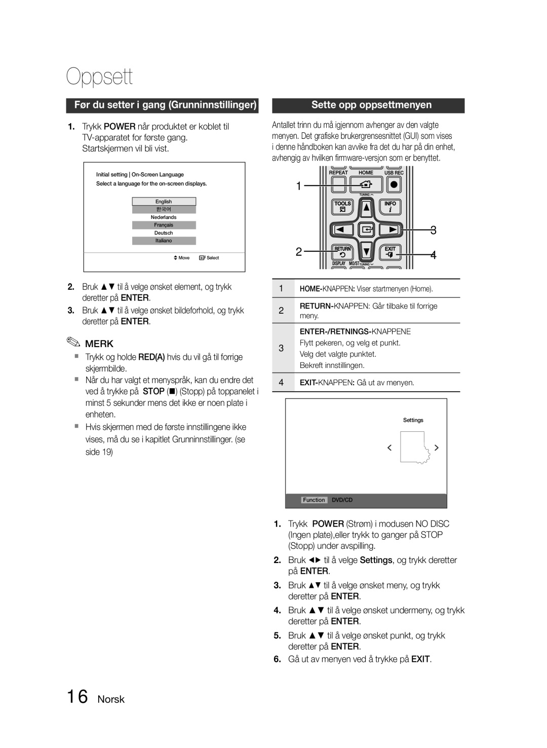 Samsung MM-E430D/XE Oppsett, Før du setter i gang Grunninnstillinger, Sette opp oppsettmenyen, Enter-/Retnings-Knappene 