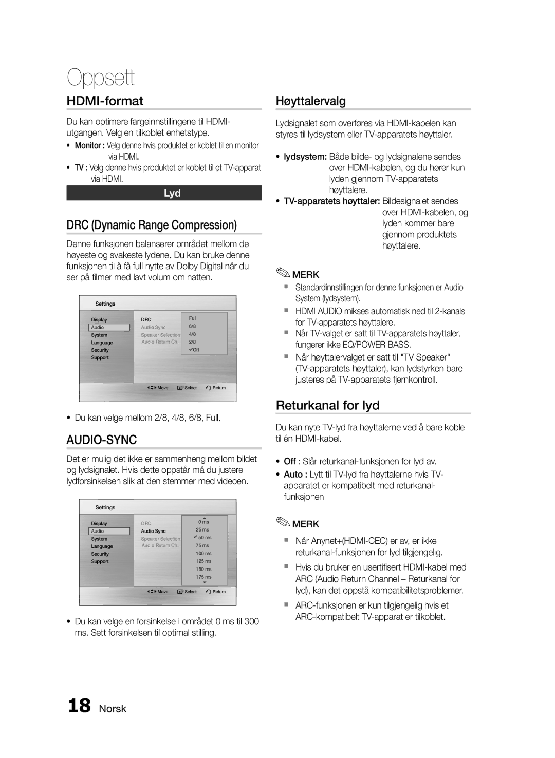 Samsung MM-E430D/XE manual HDMI-format, Høyttalervalg, Returkanal for lyd, Lyd, Du kan velge mellom 2/8, 4/8, 6/8, Full 