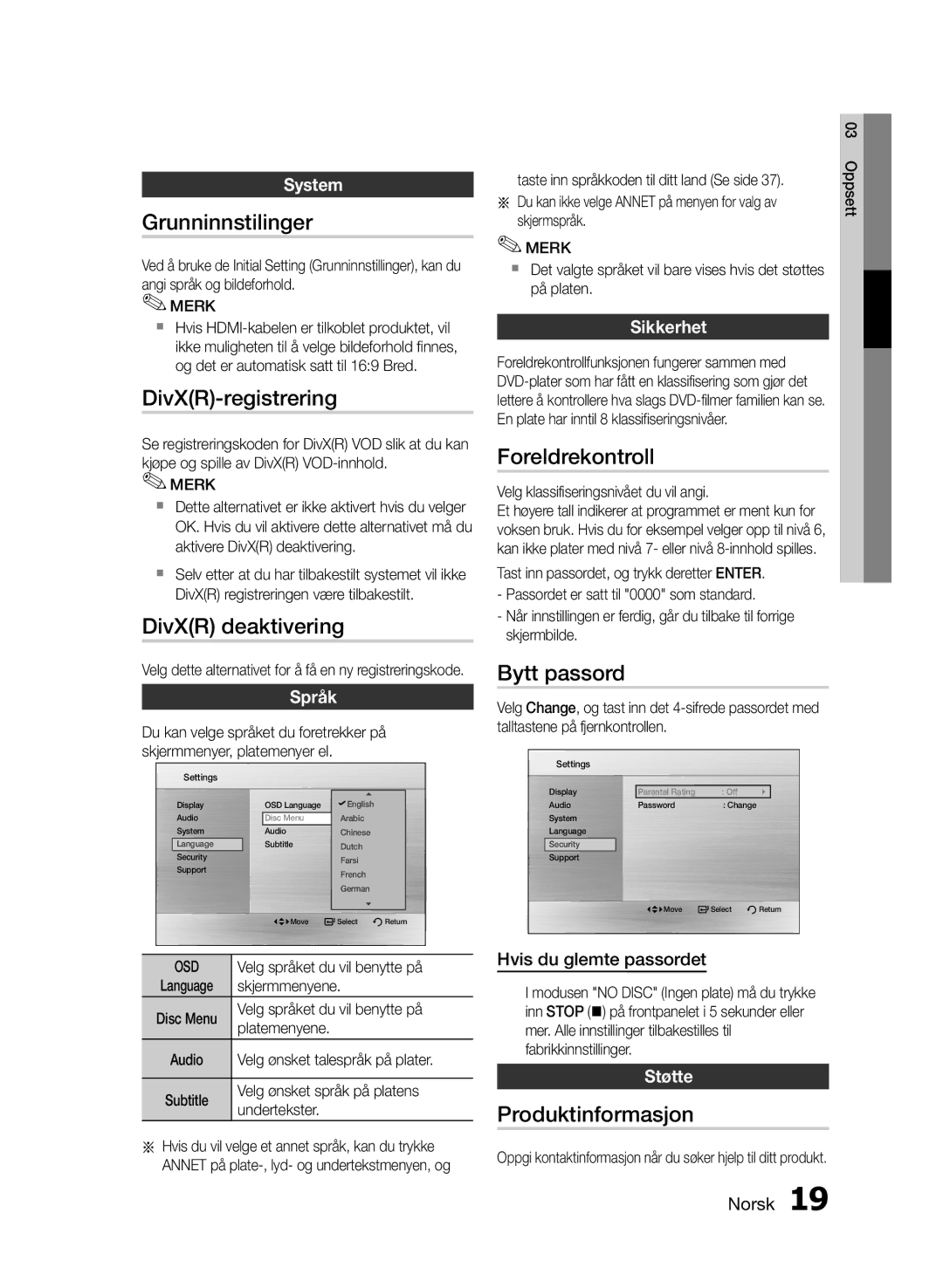 Samsung MM-E430D/XE manual Grunninnstilinger, DivXR-registrering, DivXR deaktivering, Foreldrekontroll, Bytt passord 