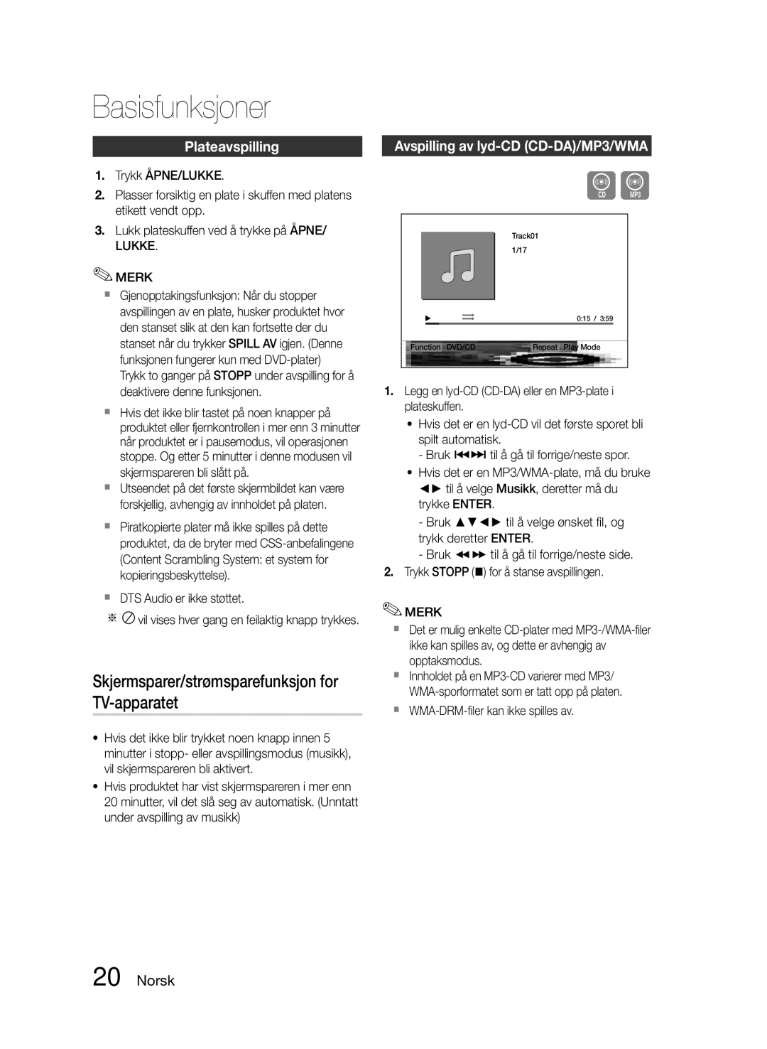 Samsung MM-E430D/XE manual Basisfunksjoner, Skjermsparer/strømsparefunksjon for TV-apparatet, Plateavspilling, Lukke Merk 