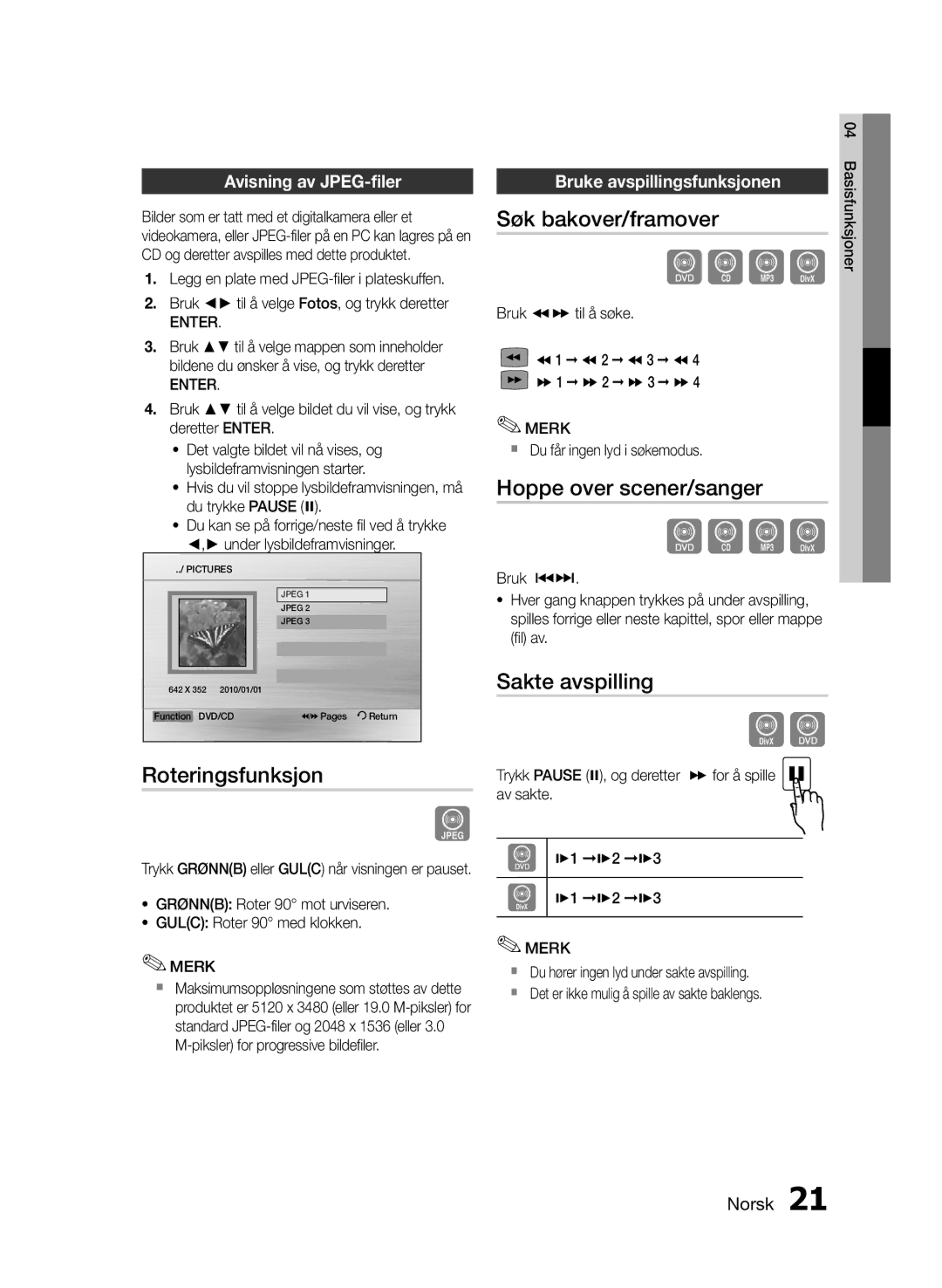 Samsung MM-E430D/XE manual Roteringsfunksjon, Søk bakover/framover, Hoppe over scener/sanger, Sakte avspilling 