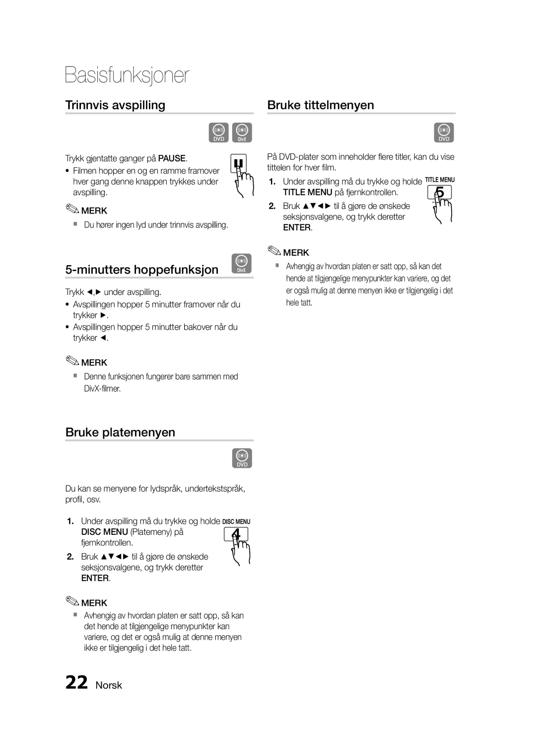 Samsung MM-E430D/XE Trinnvis avspilling, Minutters hoppefunksjon D, Bruke tittelmenyen, Bruke platemenyen, Enter Merk 