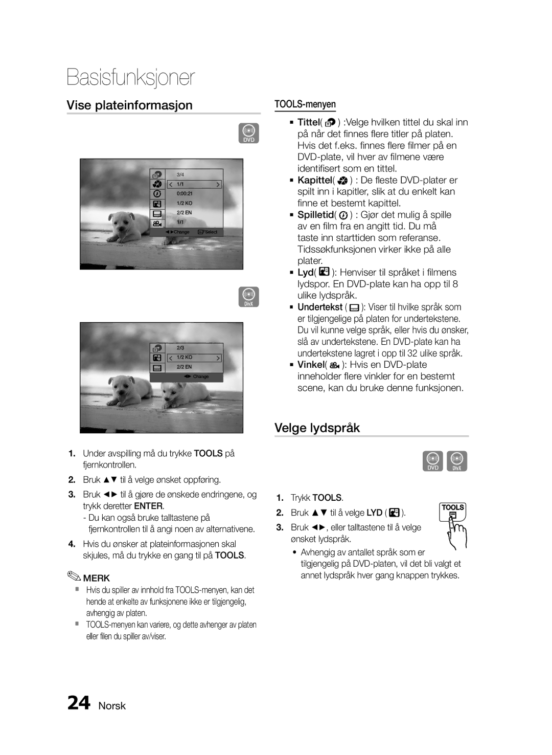 Samsung MM-E430D/XE manual Vise plateinformasjon, Velge lydspråk, TOOLS-menyen, Spilt inn i kapitler, slik at du enkelt kan 