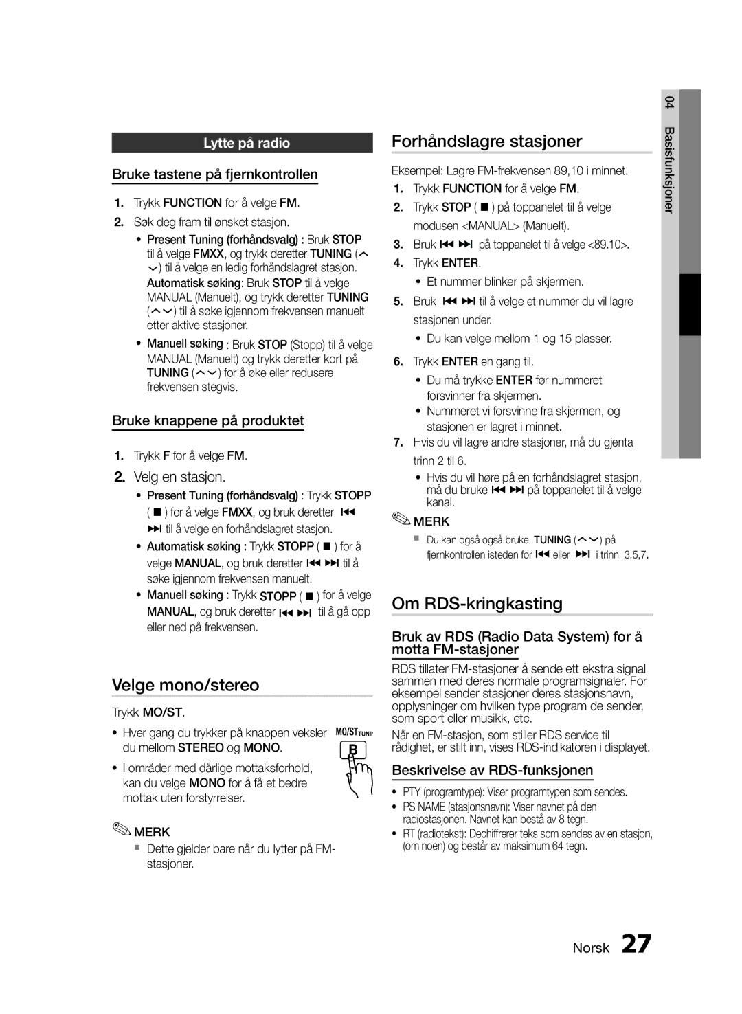 Samsung MM-E430D/XE manual Velge mono/stereo, Forhåndslagre stasjoner, Om RDS-kringkasting, Velg en stasjon, Lytte på radio 