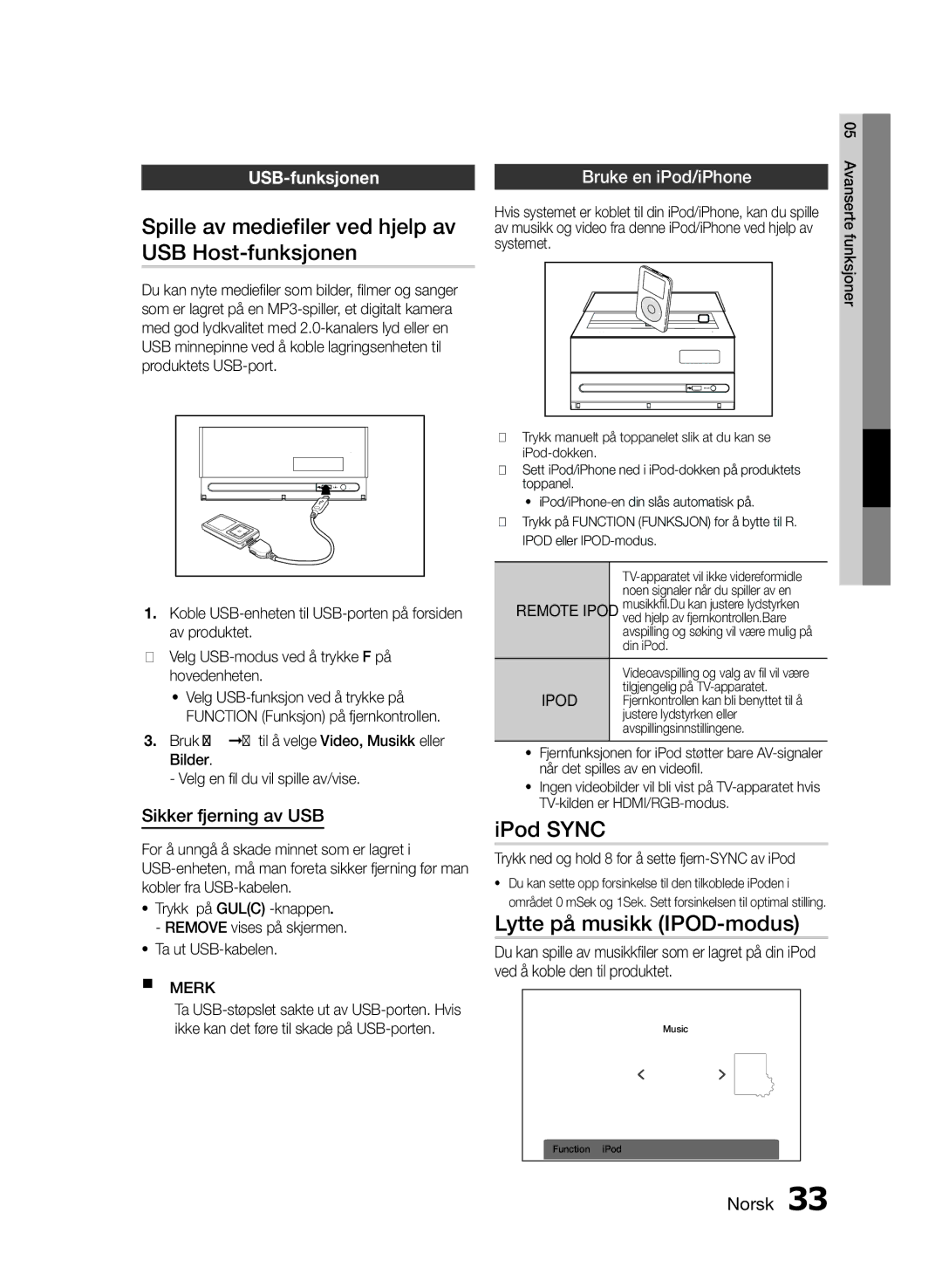 Samsung MM-E430D/XE manual Spille av mediefiler ved hjelp av USB Host-funksjonen, IPod Sync, USB-funksjonen 