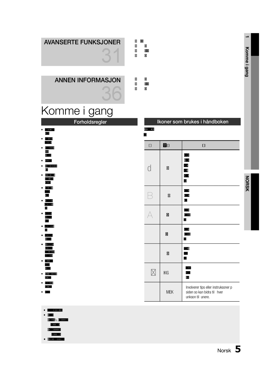 Samsung MM-E430D/XE manual Komme i gang, Forholdsregler, Ikoner som brukes i håndboken, MP3, Jpeg 