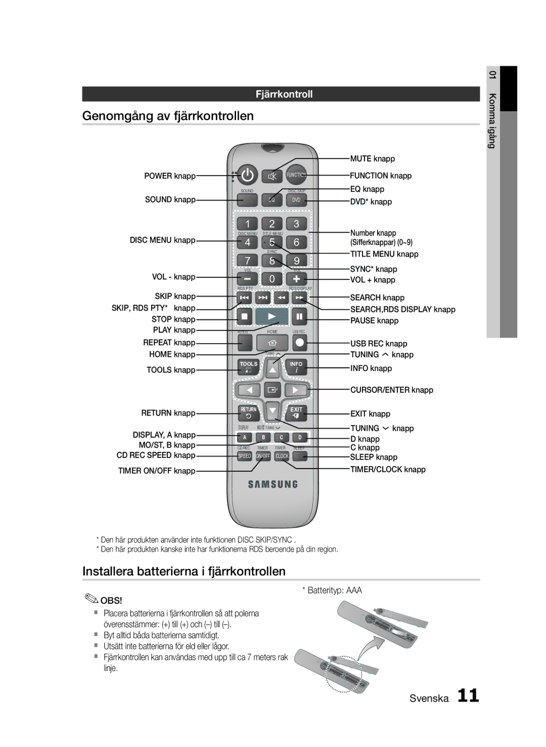 Samsung MM-E430D/XE manual Genomgång av fjärrkontrollen, Installera batterierna i fjärrkontrollen, Fjärrkontroll 