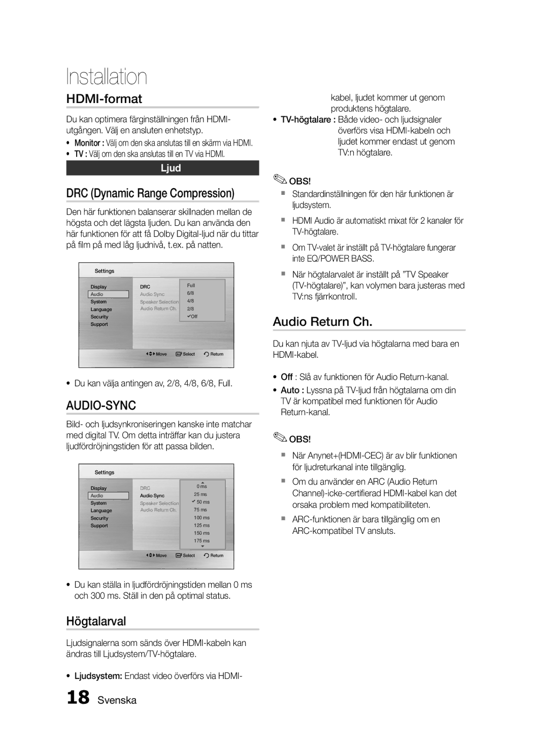 Samsung MM-E430D/XE manual HDMI-format, Högtalarval, Audio Return Ch, Ljud 