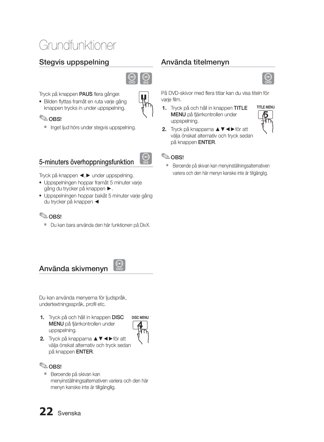 Samsung MM-E430D/XE manual Stegvis uppspelning, Använda titelmenyn, Använda skivmenyn d, Tryck på knappen Paus flera gånger 