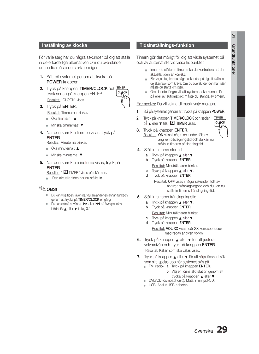 Samsung MM-E430D/XE manual Inställning av klocka, Tidsinställnings-funktion 