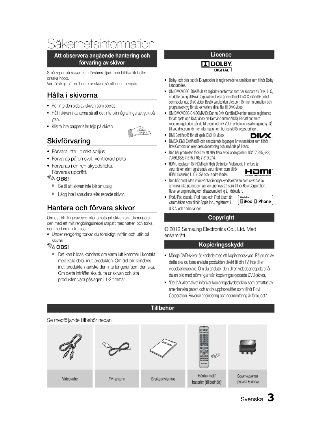 Samsung MM-E430D/XE manual Hålla i skivorna, Skivförvaring, Hantera och förvara skivor 