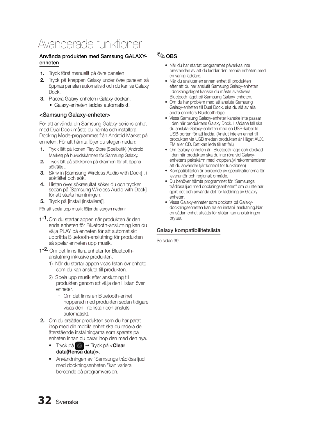 Samsung MM-E430D/XE manual Samsung Galaxy-enheter, Tryck på install installera, Tryck på Tryck på Clear dataRensa data 