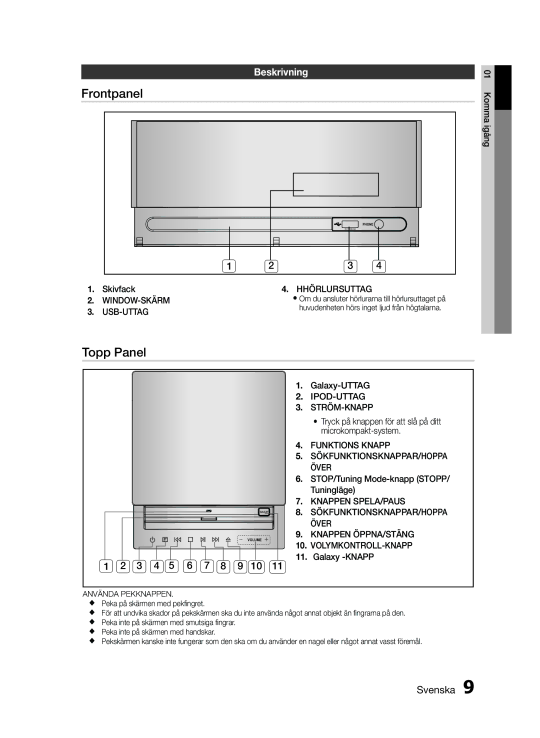 Samsung MM-E430D/XE manual Frontpanel, Topp Panel, Beskrivning, 3 4 5 6 7 8 9 10 