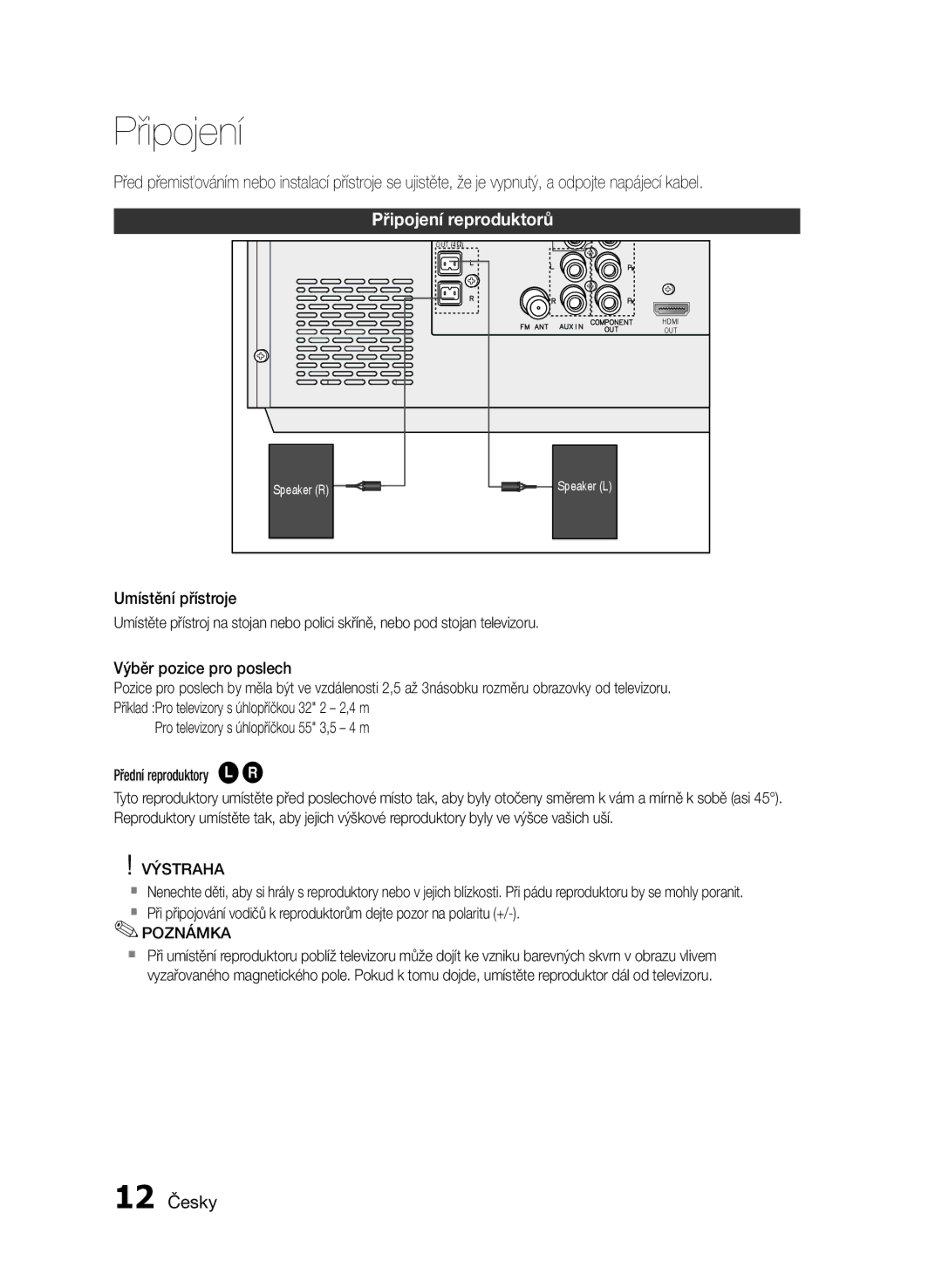 Samsung MM-E430D/XN, MM-E430D/EN manual Připojení, 12 Česky, Výstraha 