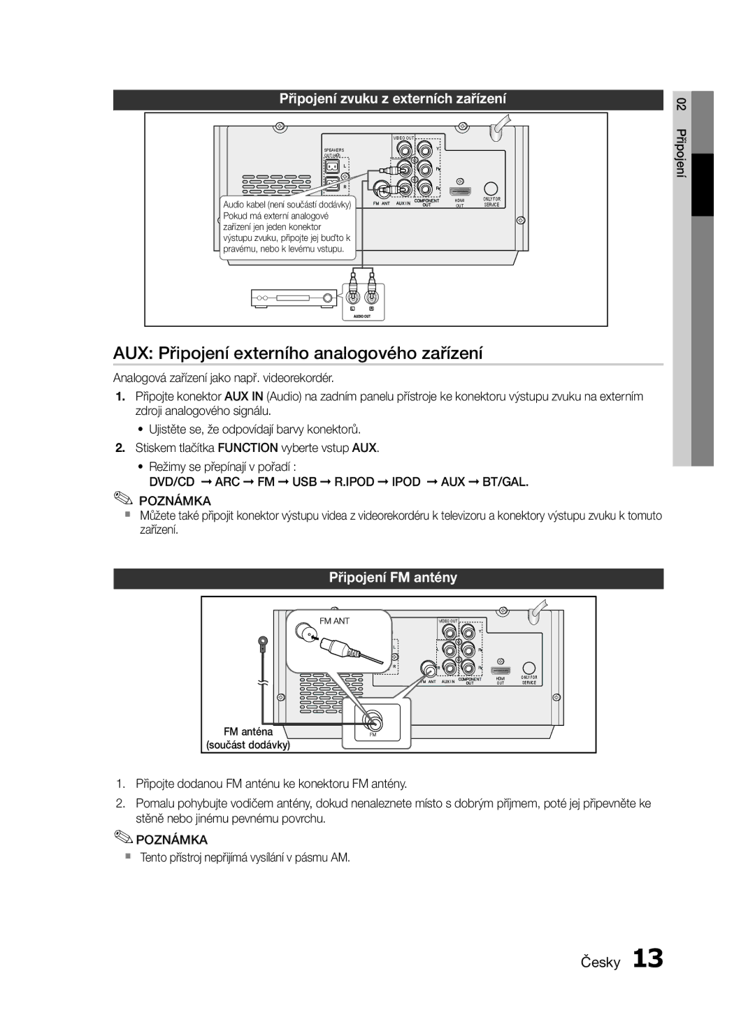 Samsung MM-E430D/EN, MM-E430D/XN manual AUX Připojení externího analogového zařízení, Připojení FM antény 