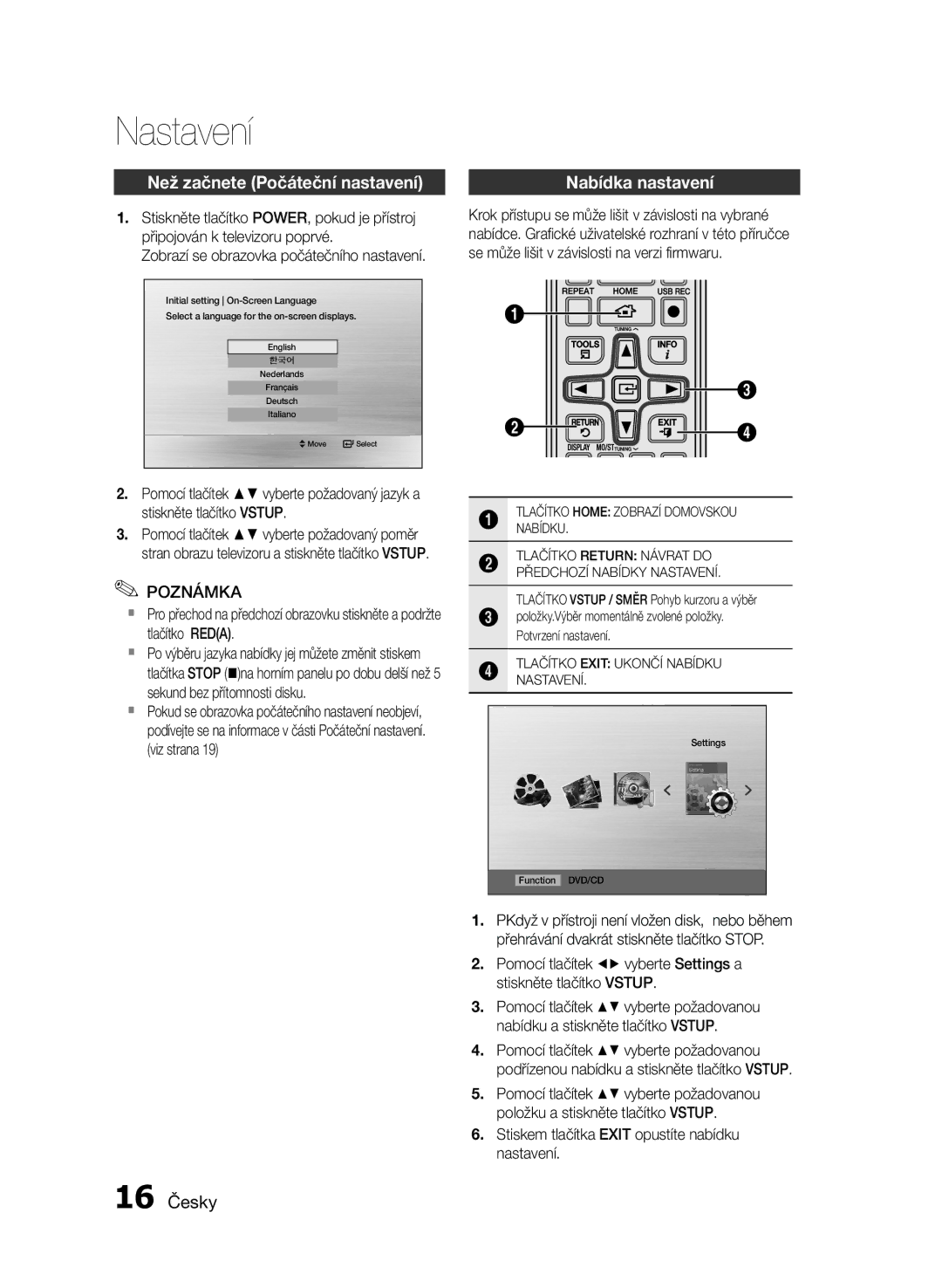 Samsung MM-E430D/XN, MM-E430D/EN manual Nastavení, Než začnete Počáteční nastavení, Nabídka nastavení, 16 Česky 