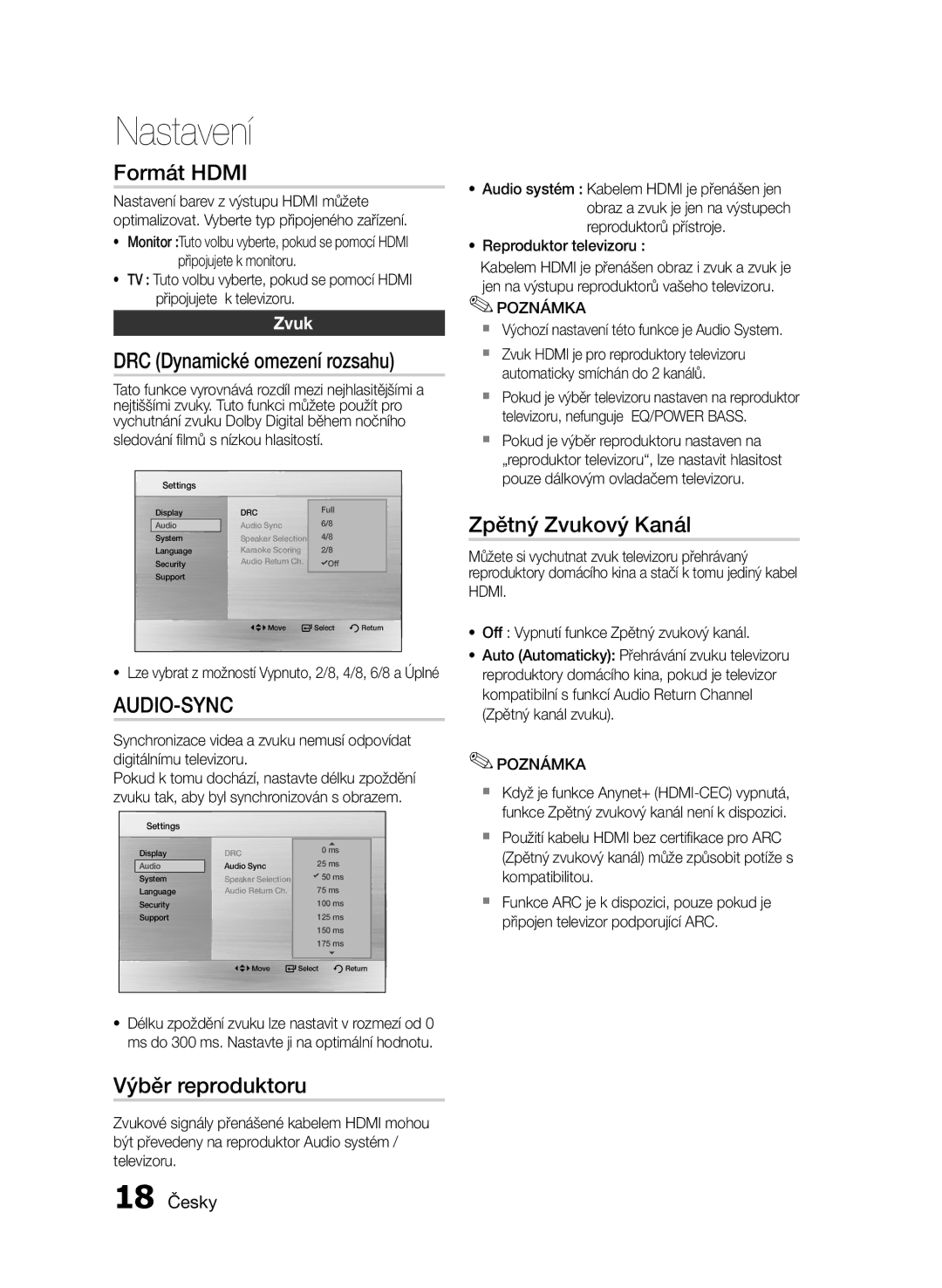 Samsung MM-E430D/XN, MM-E430D/EN manual Formát Hdmi, DRC Dynamické omezení rozsahu, Výběr reproduktoru, Zpětný Zvukový Kanál 