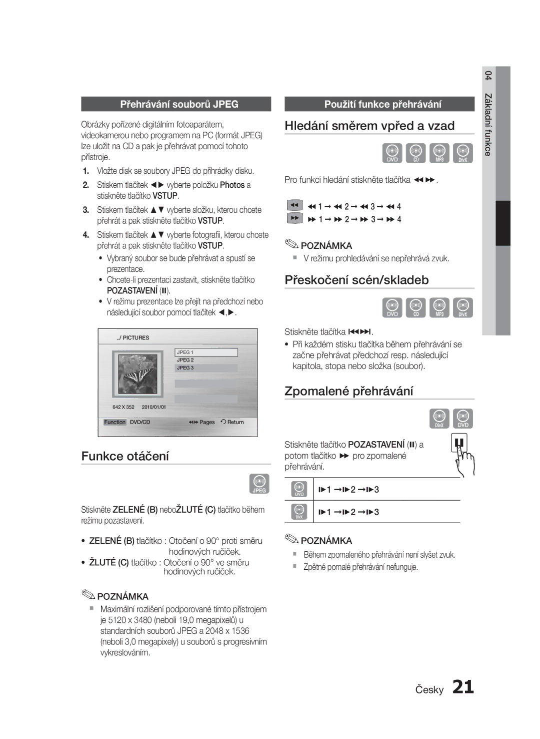 Samsung MM-E430D/EN manual Funkce otáčení, Hledání směrem vpřed a vzad, Přeskočení scén/skladeb, Zpomalené přehrávání 