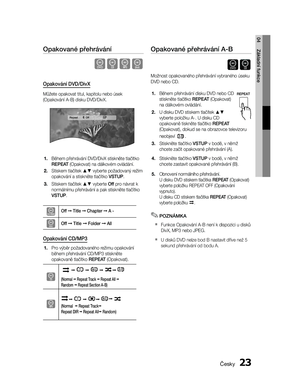 Samsung MM-E430D/EN, MM-E430D/XN manual Opakované přehrávání A-B, Opakování DVD/DivX, Opakování CD/MP3 