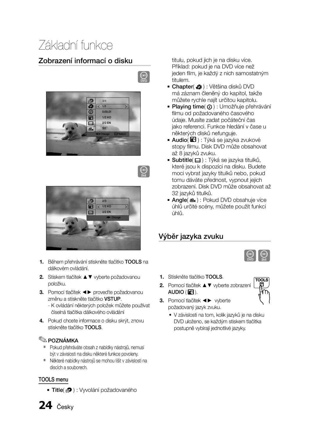 Samsung MM-E430D/XN, MM-E430D/EN manual Zobrazení informací o disku, Výběr jazyka zvuku, Tools menu, 24 Česky 