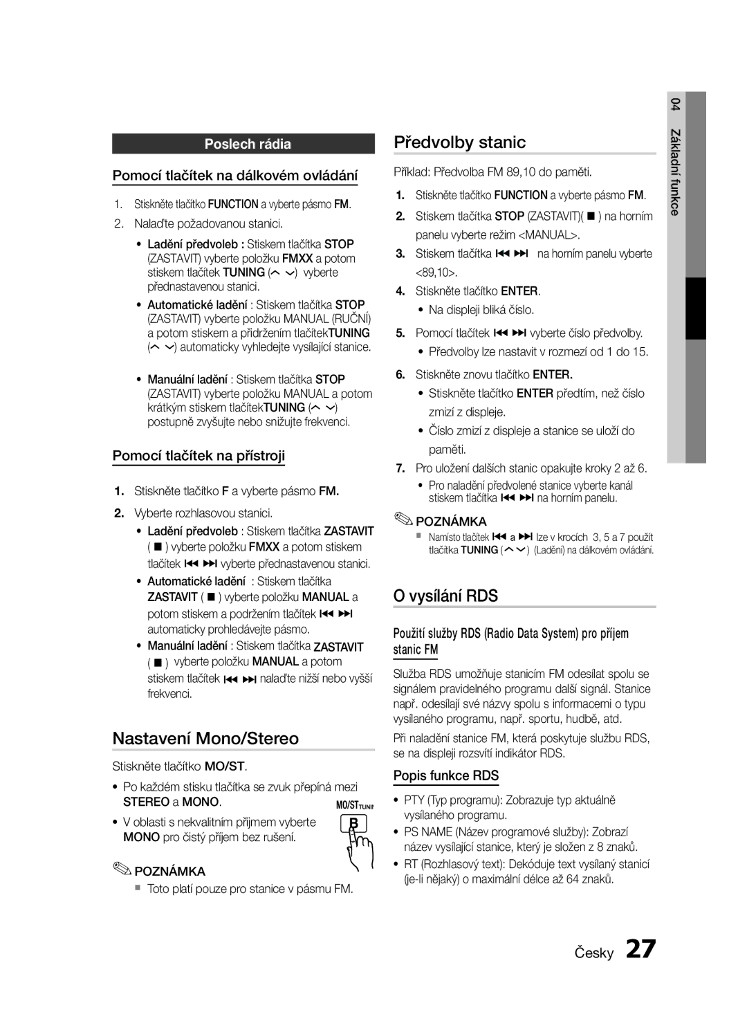 Samsung MM-E430D/EN, MM-E430D/XN manual Nastavení Mono/Stereo, Vysílání RDS, Poslech rádia 