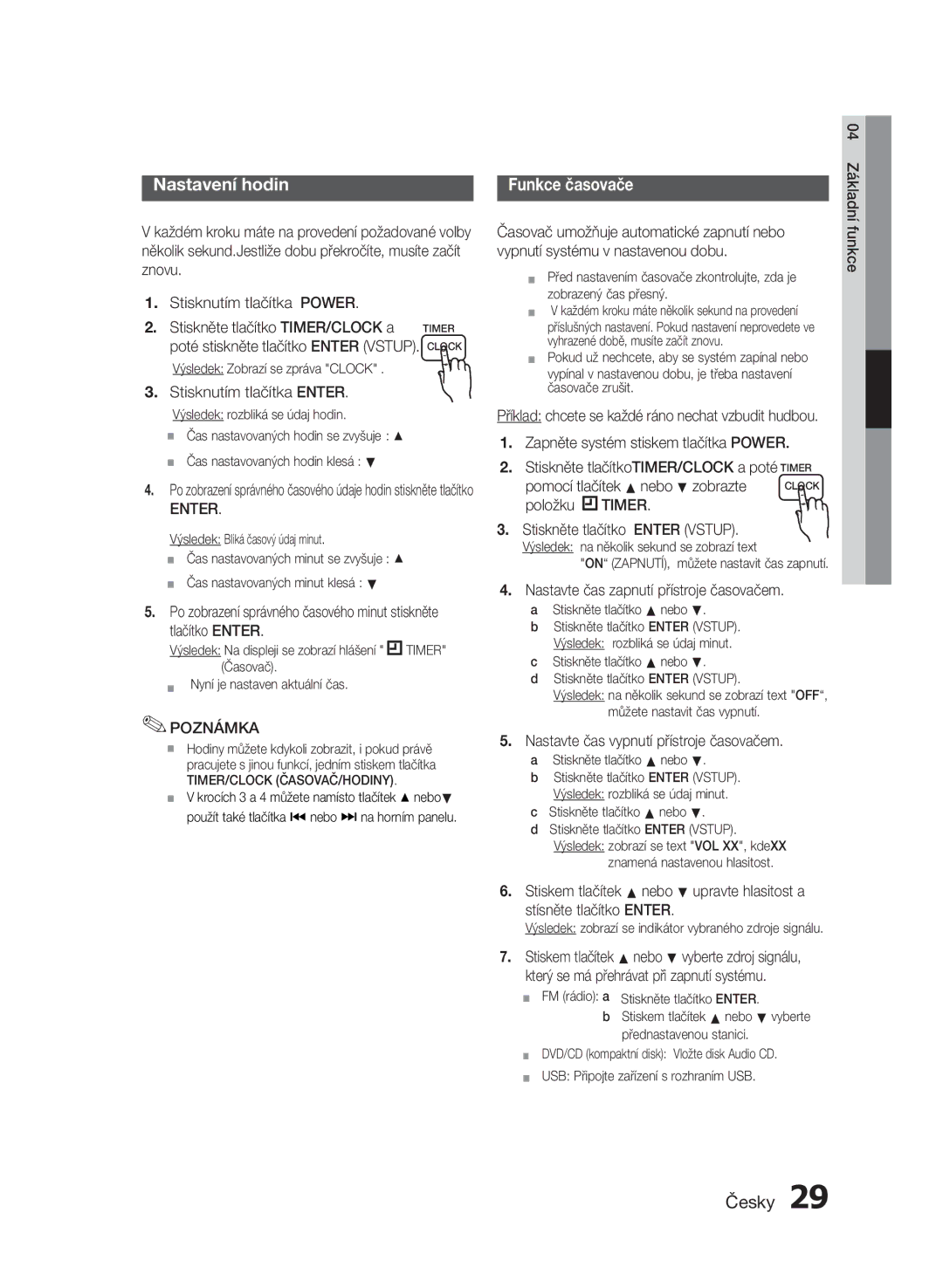 Samsung MM-E430D/EN, MM-E430D/XN manual Stisknutím tlačítka Enter, Položku Timer Stiskněte tlačítko Enter Vstup 