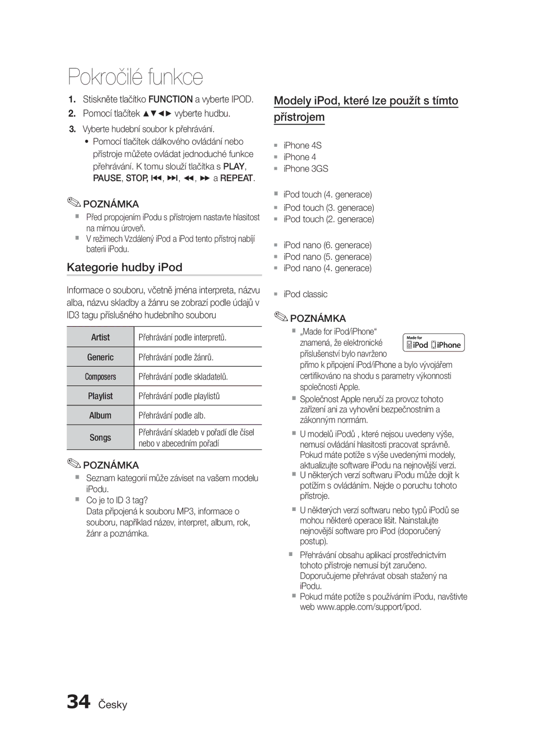 Samsung MM-E430D/XN, MM-E430D/EN manual 34 Česky 