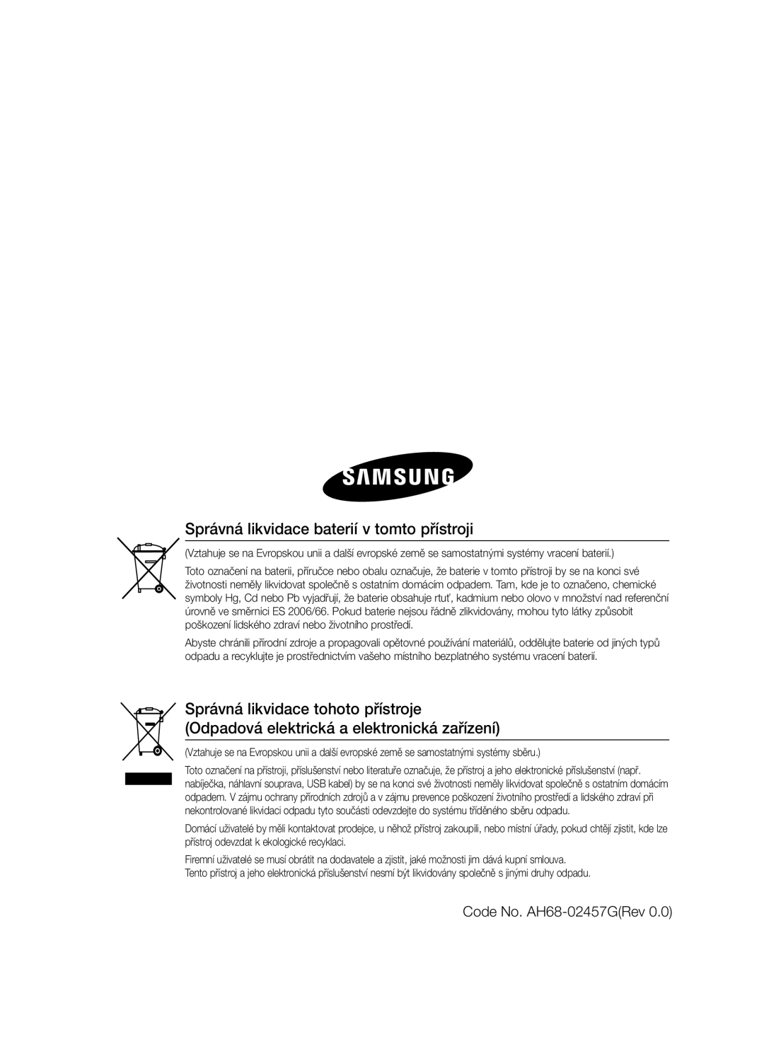 Samsung MM-E430D/EN, MM-E430D/XN manual Správná likvidace baterií v tomto přístroji, Code No. AH68-02457GRev 