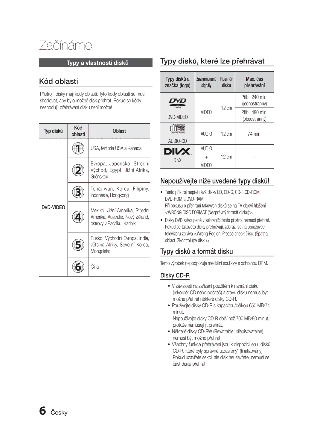 Samsung MM-E430D/XN, MM-E430D/EN manual Kód oblasti, Typy disků, které lze přehrávat, Nepoužívejte níže uvedené typy disků 