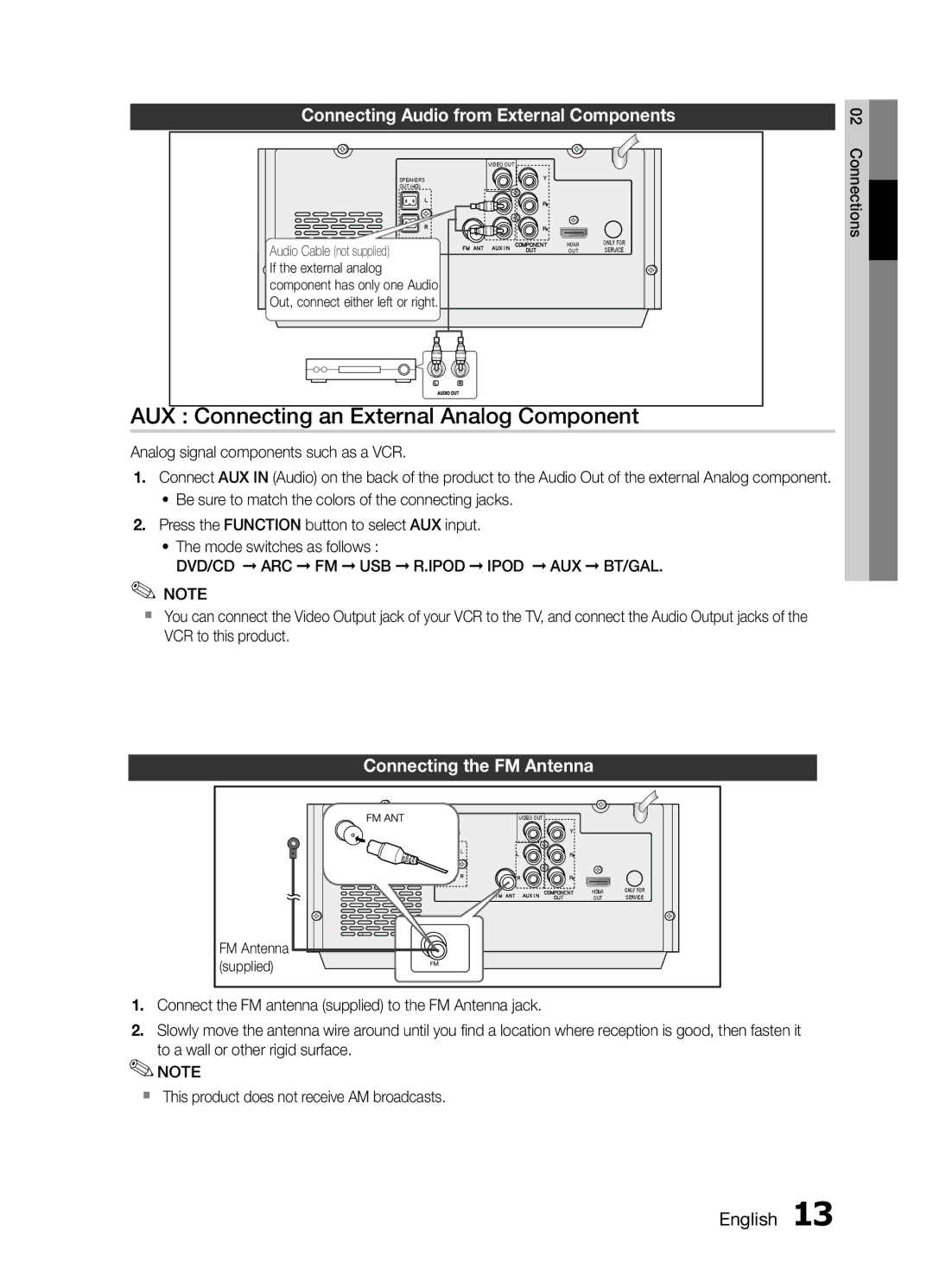 Samsung MM-E430D/ZF, MM-E430D/XN AUX Connecting an External Analog Component, Connecting Audio from External Components 