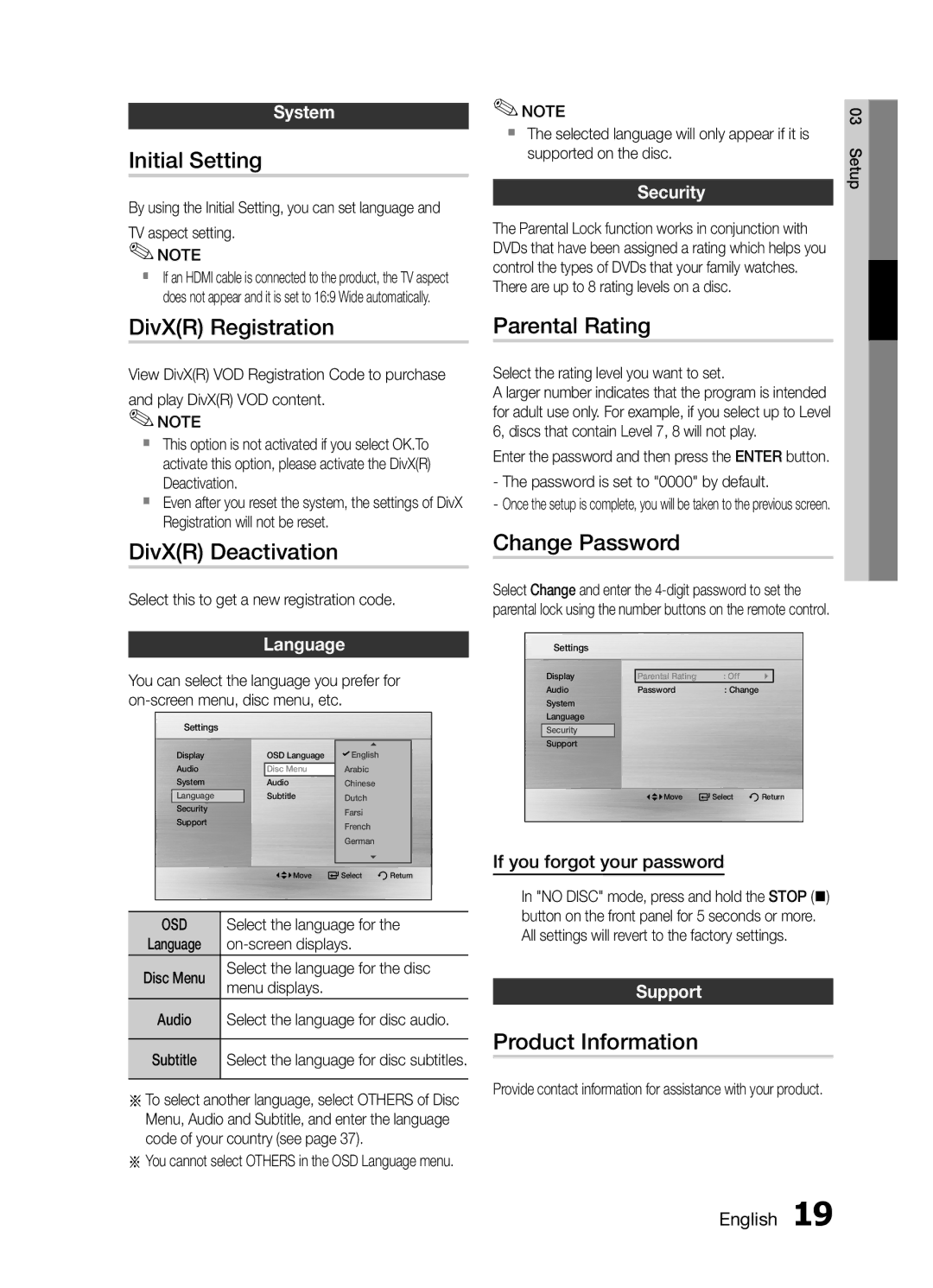 Samsung MM-E430D/XE, MM-E430D/XN Initial Setting, DivXR Registration, Parental Rating, DivXR Deactivation, Change Password 