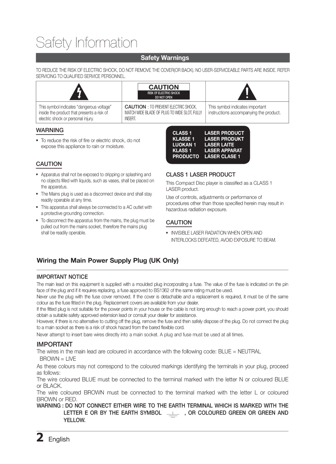 Samsung MM-E430D/EN, MM-E430D/XN Safety Information, Safety Warnings, English, Class 1 Laser Product, Important Notice 