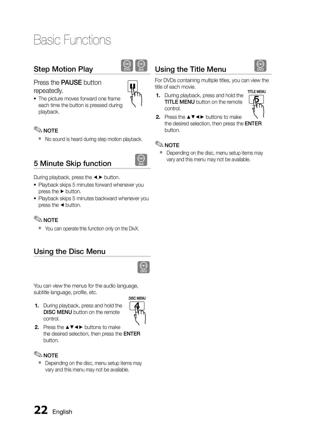 Samsung MM-E430D/EN, MM-E430D/XN manual Step Motion Play dD, Minute Skip function, Using the Title Menu, Using the Disc Menu 