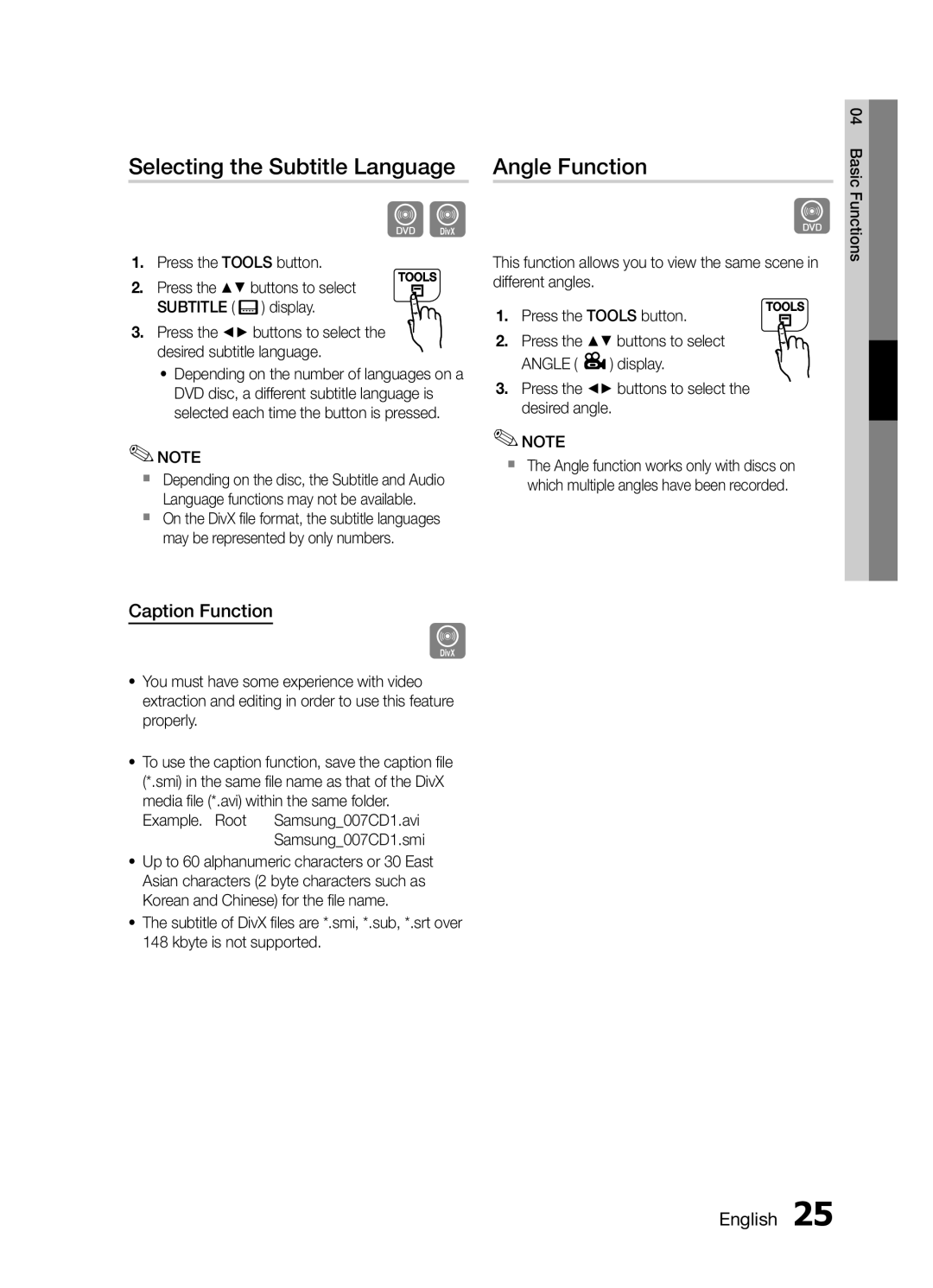 Samsung MM-E430D/ZF, MM-E430D/XN, MM-E430D/EN, MM-E430D/XE Selecting the Subtitle Language, Angle Function, Caption Function 