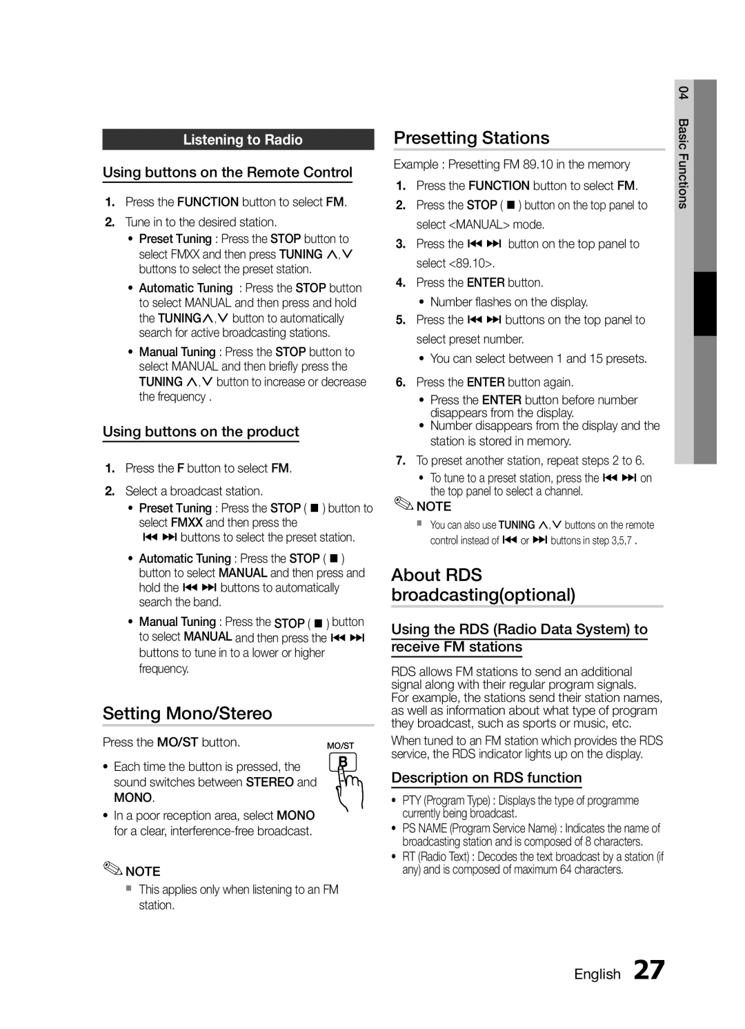 Samsung MM-E430D/XE manual Setting Mono/Stereo, Presetting Stations, About RDS broadcastingoptional, Listening to Radio 