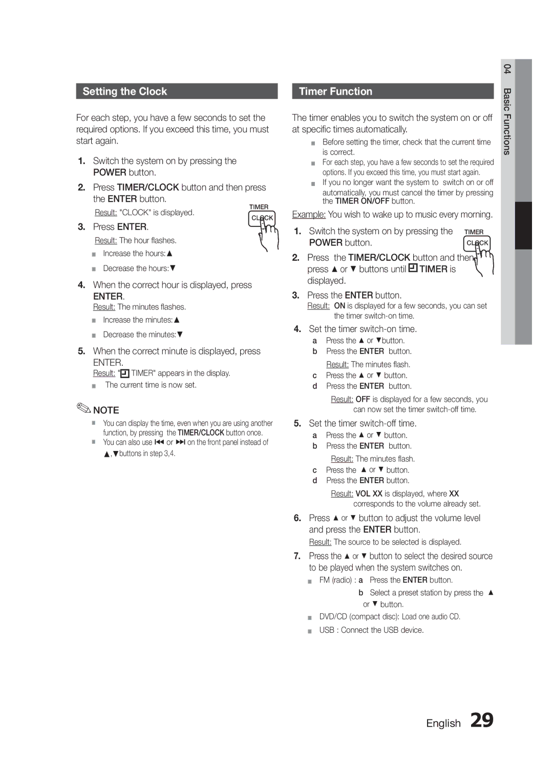 Samsung MM-E430D/ZF, MM-E430D/XN, MM-E430D/EN, MM-E430D/XE manual Setting the Clock, Timer Function, Enter 