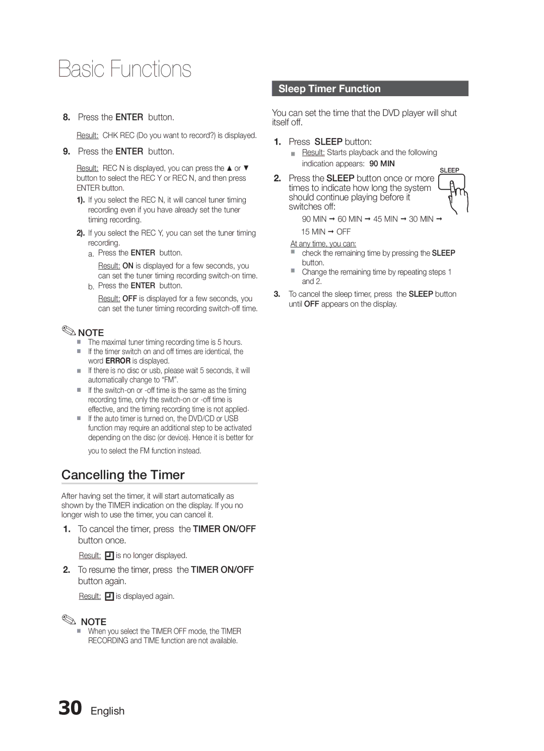 Samsung MM-E430D/EN Cancelling the Timer, Sleep Timer Function, To cancel the timer, press the Timer ON/OFF button once 