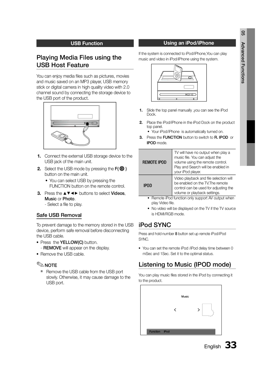 Samsung MM-E430D/ZF Playing Media Files using the USB Host Feature, IPod Sync, Listening to Music Ipod mode, USB Function 