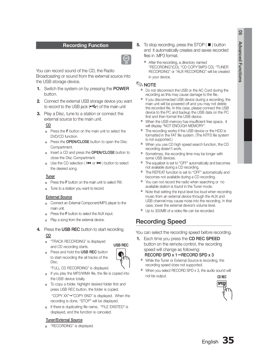 Samsung MM-E430D/XE, MM-E430D/XN manual Recording Speed, Recording Function, Press the USB REC button to start recording 