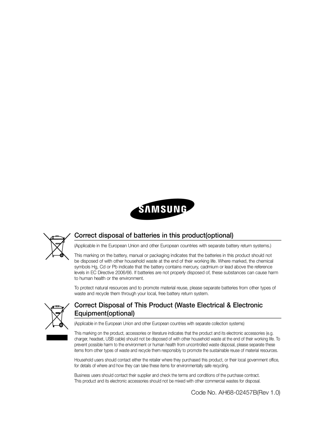 Samsung MM-E430D/ZF, MM-E430D/XN manual Correct disposal of batteries in this productoptional, Code No. AH68-02457BRev 