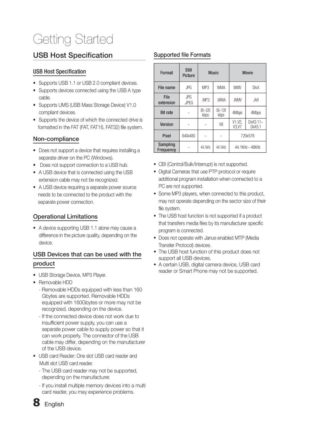 Samsung MM-E430D/XN, MM-E430D/ZF, MM-E430D/EN, MM-E430D/XE manual USB Host Specification 