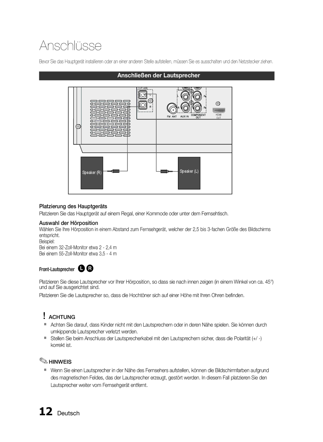 Samsung MM-E430D/XN, MM-E430D/ZF manual Anschlüsse, Anschließen der Lautsprecher, Achtung 