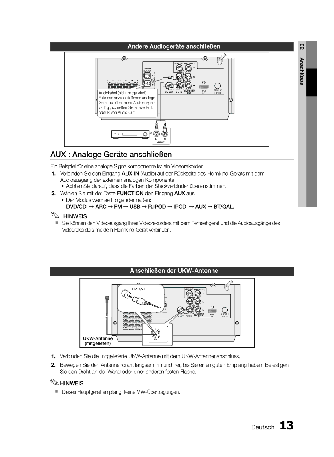 Samsung MM-E430D/ZF manual AUX Analoge Geräte anschließen, Andere Audiogeräte anschließen, Anschließen der UKW-Antenne 