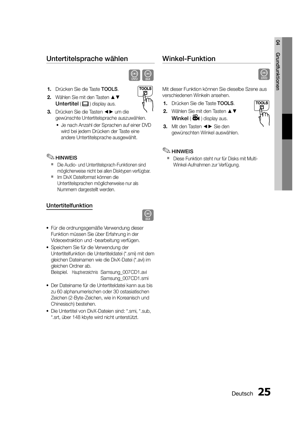 Samsung MM-E430D/ZF, MM-E430D/XN manual Untertitelsprache wählen, Winkel-Funktion, Untertitelfunktion, Winkel display aus 