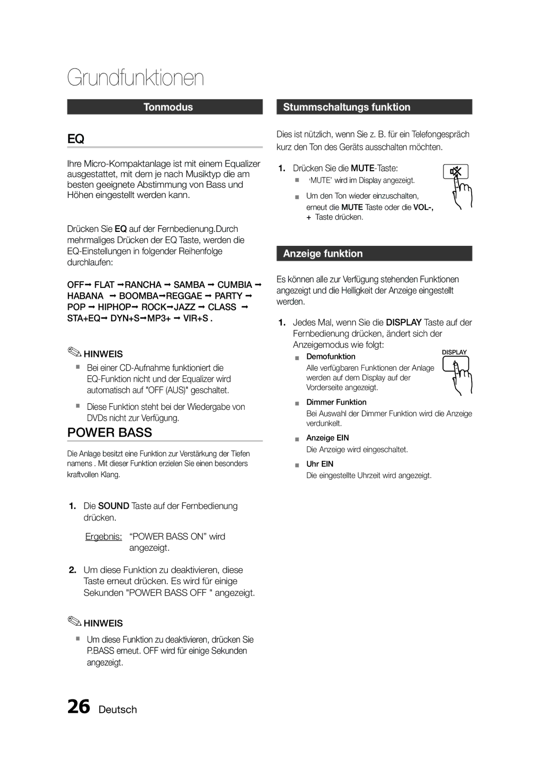 Samsung MM-E430D/XN, MM-E430D/ZF manual Tonmodus, Stummschaltungs funktion, Anzeige funktion, Drücken Sie die MUTE-Taste 